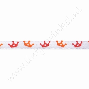 Satijnlint Hollandia 6mm (rol 22 meter) - Kroontje Wit Oranje