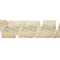 Band mit Drahtkante 38mm - Weihnachten Satinband  Ho Ho Ho Creme Gold Glitzer (Rolle 3 Meter)