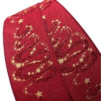 Lint met Draad 63mm - Kerstlint Weefband Linnen Toverboom Donker Rood Goud Glitter